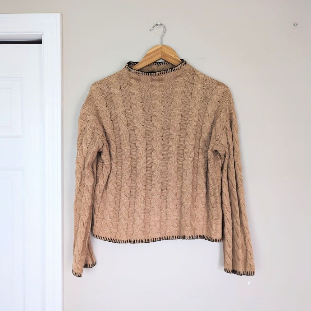 J. Crew Cotton/Cashmere Brown Contrast Stitch Fisherman Sweater Small Cable Knit